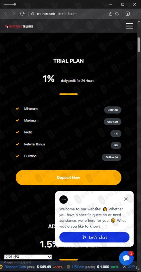 이 사진은 담덕법률사무소에서 캡쳐해둔 로맨스스캠(Montrose Trustee) 웹사이트 캡쳐 사진이며 URL은 montrosetrusteeltd.com 입니다.