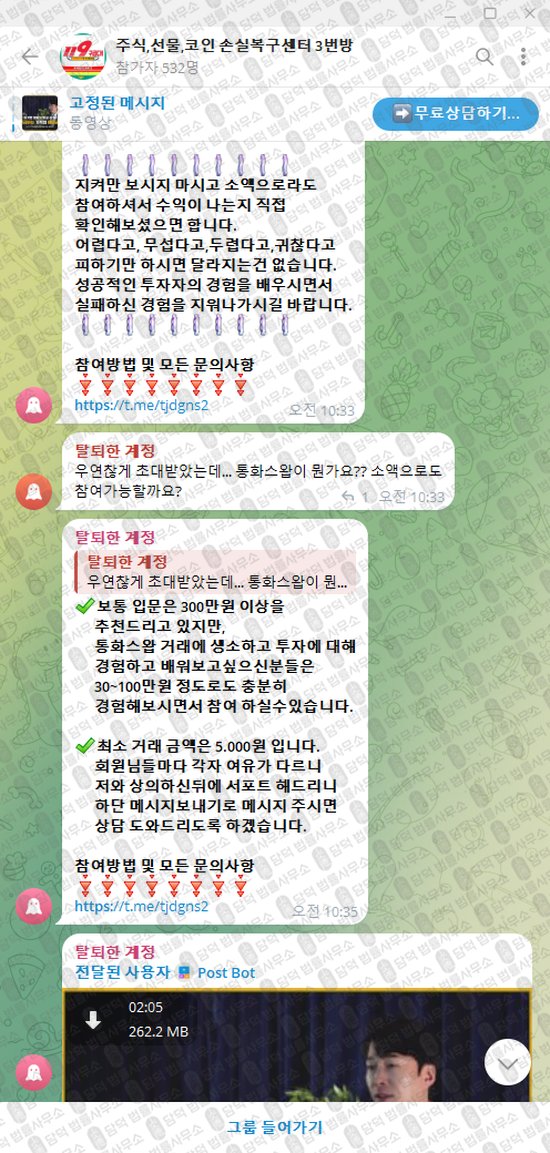 이 사진은 담덕법률사무소에서 캡쳐해둔 선물(VIP) 웹사이트 캡쳐 사진이며 URL은 t.me 입니다.
