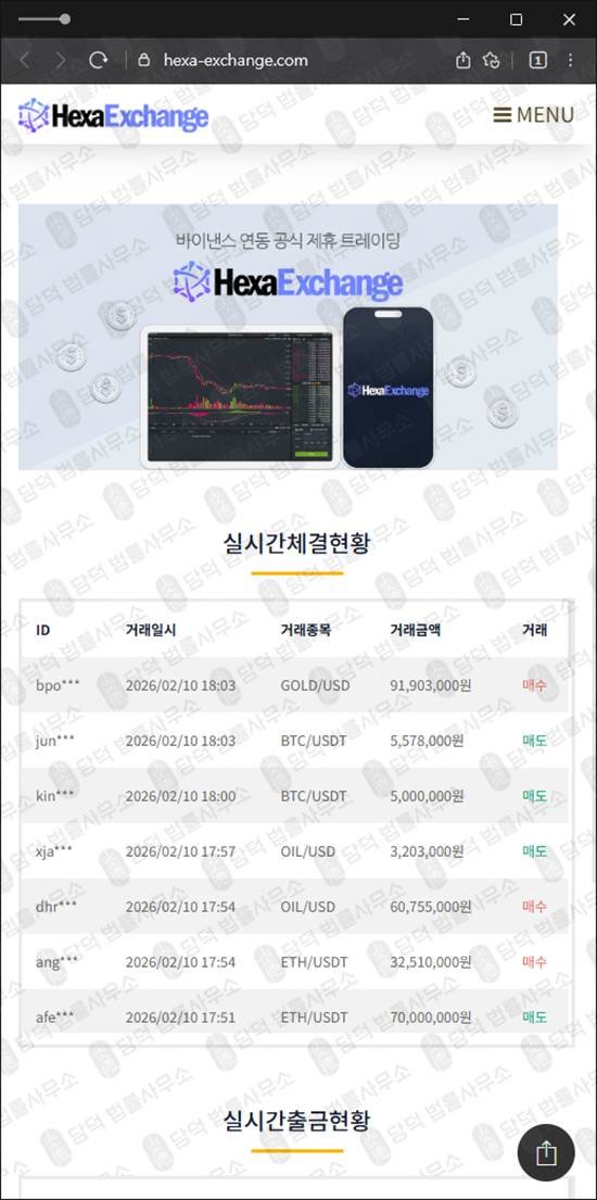 이 사진은 담덕법률사무소에서 캡쳐해둔 헥사익스체인지경고 웹사이트 캡쳐 사진이며 URL은 hexa-exchange.com 입니다.