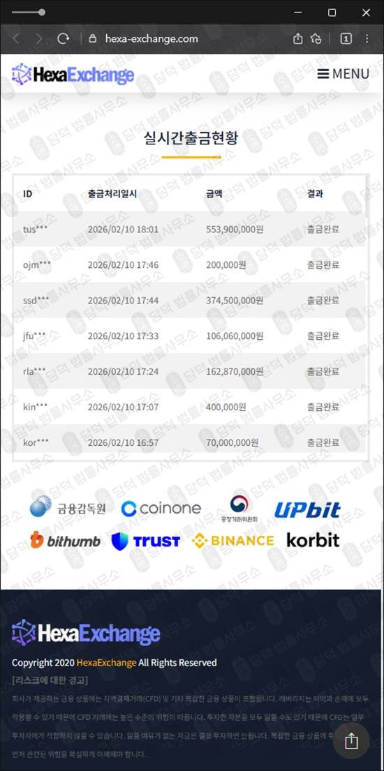 이 사진은 담덕법률사무소에서 캡쳐해둔 헥사익스체인지경고 웹사이트 캡쳐 사진이며 URL은 hexa-exchange.com 입니다.