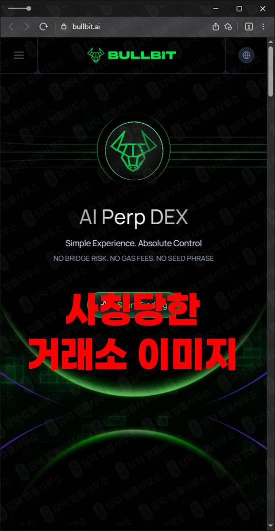 이 사진은 담덕법률사무소에서 캡쳐해둔 사칭주의보(Bullbit) 웹사이트 캡쳐 사진이며 URL은 bullbit.io 입니다.