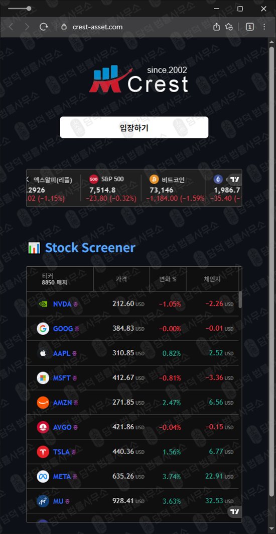 이 사진은 담덕법률사무소에서 캡쳐해둔 신규(Crest) 웹사이트 캡쳐 사진이며 URL은 crest-asset.com 입니다.