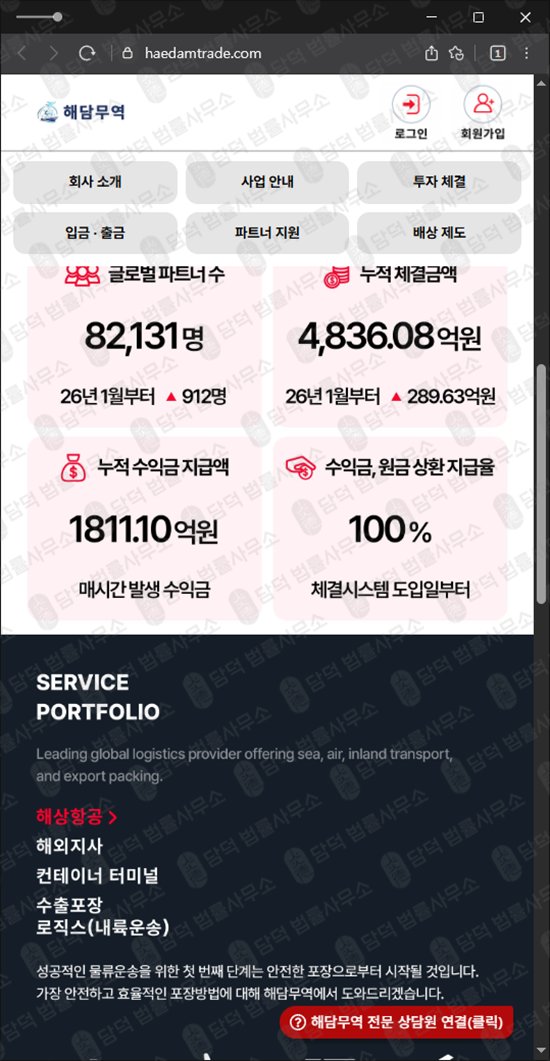 이 사진은 담덕법률사무소에서 캡쳐해둔 고수익률(URL) 웹사이트 캡쳐 사진이며 URL은 haedamtrade.com 입니다.