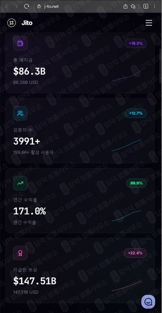 이 사진은 담덕법률사무소에서 캡쳐해둔 솔라나(JITO) 웹사이트 캡쳐 사진이며 URL은 j-to.net 입니다.