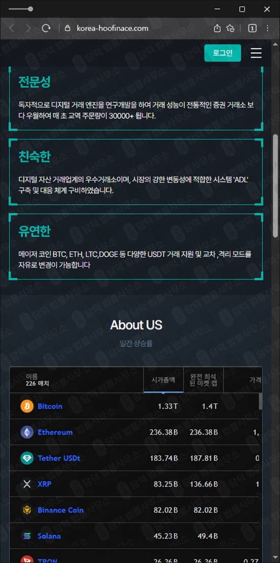 이 사진은 담덕법률사무소에서 캡쳐해둔 야후파이낸스사칭(SNS) 웹사이트 캡쳐 사진이며 URL은 korea-hoofinace.com 입니다.