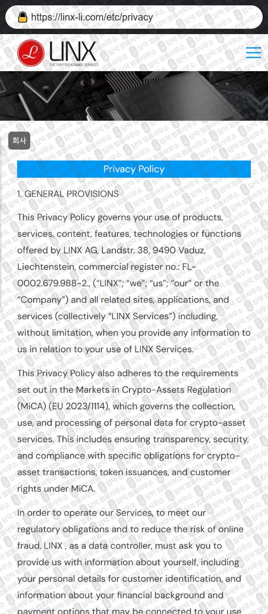 이 사진은 담덕법률사무소에서 캡쳐해둔 사칭(LINX) 웹사이트 캡쳐 사진이며 URL은 linx-li.com 입니다.