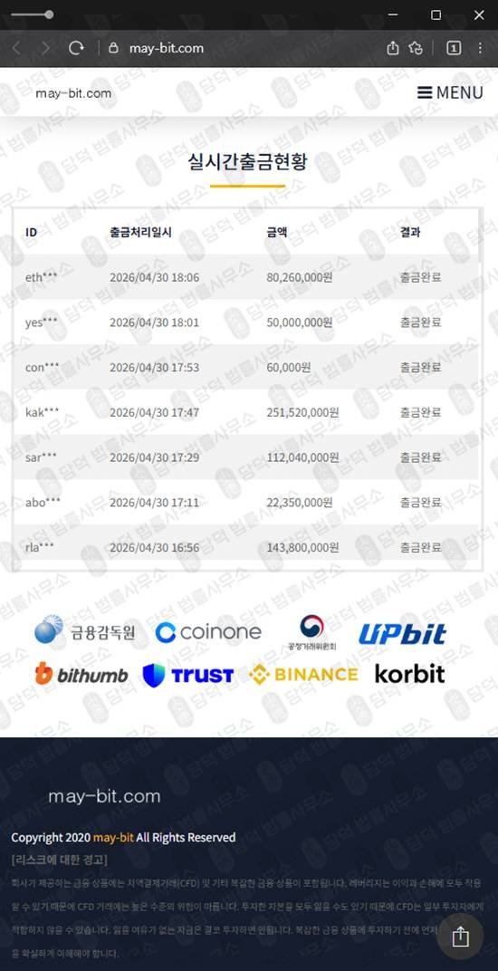 이 사진은 담덕법률사무소에서 캡쳐해둔 메이비트투자사기(MAY-BIT) 웹사이트 캡쳐 사진이며 URL은 may-bit.com 입니다.