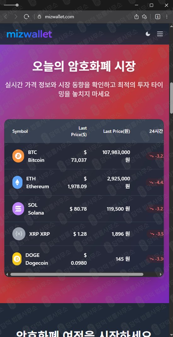 이 사진은 담덕법률사무소에서 캡쳐해둔 미즈월렛(MIZWALLET) 웹사이트 캡쳐 사진이며 URL은 mizwallet.com 입니다.
