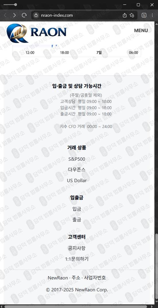 이 사진은 담덕법률사무소에서 캡쳐해둔 뉴라온(New Raon) 웹사이트 캡쳐 사진이며 URL은 nraon-index.com 입니다.