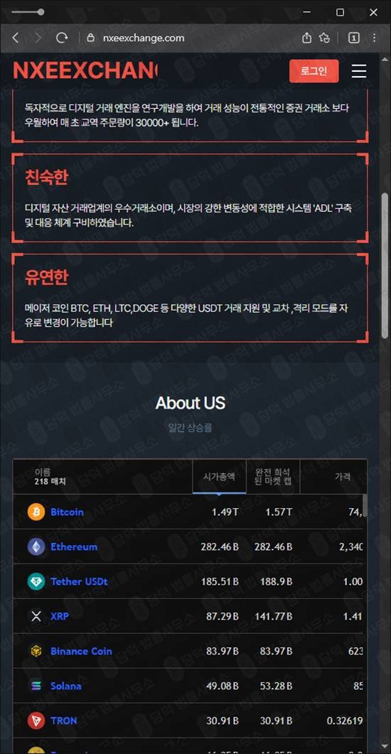 이 사진은 담덕법률사무소에서 캡쳐해둔 입금(NXEEXCHANGE) 웹사이트 캡쳐 사진이며 URL은 nxeexchange.com 입니다.