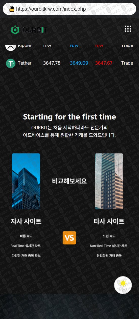 이 사진은 담덕법률사무소에서 캡쳐해둔 아워비트(OURBIT) 웹사이트 캡쳐 사진이며 URL은 ourbitkrw.com 입니다.