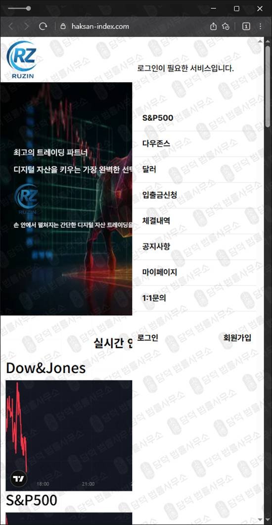 이 사진은 담덕법률사무소에서 캡쳐해둔 해외지수(Ruzin Trad) 웹사이트 캡쳐 사진이며 URL은 haksan-index.com 입니다.