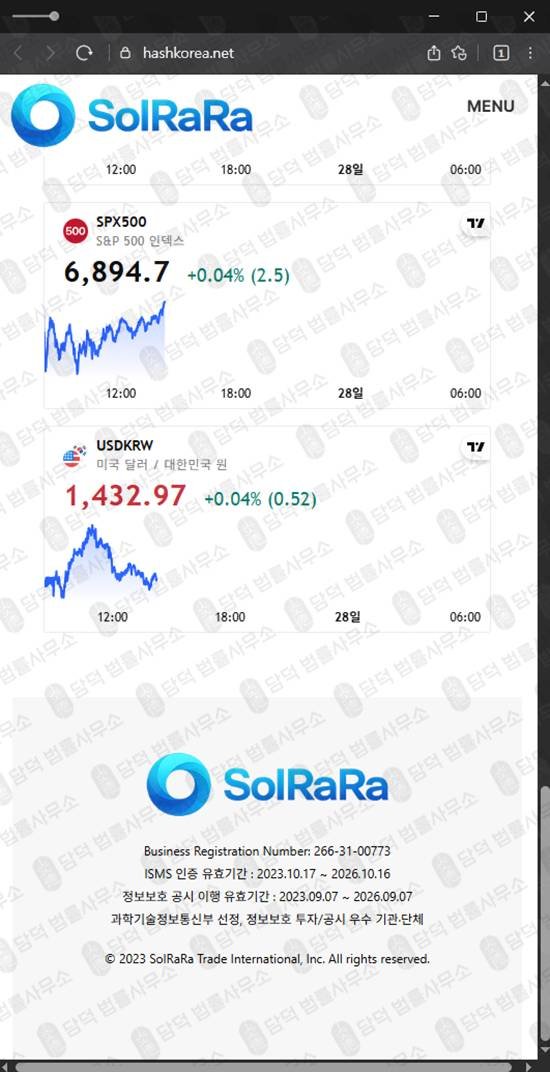 이 사진은 담덕법률사무소에서 캡쳐해둔 주식리딩방사기(SolRaRa) 웹사이트 캡쳐 사진이며 URL은 hashkorea.net 입니다.