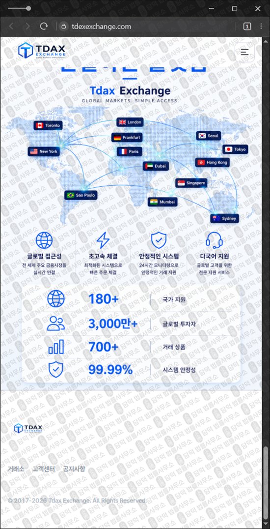 이 사진은 담덕법률사무소에서 캡쳐해둔 티닥스(Tdax Exchange) 웹사이트 캡쳐 사진이며 URL은 tdexexchange.com 입니다.