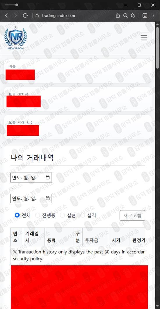 이 사진은 담덕법률사무소에서 캡쳐해둔 뉴라온트레이드경고(P500) 웹사이트 캡쳐 사진이며 URL은 trading-index.com 입니다.